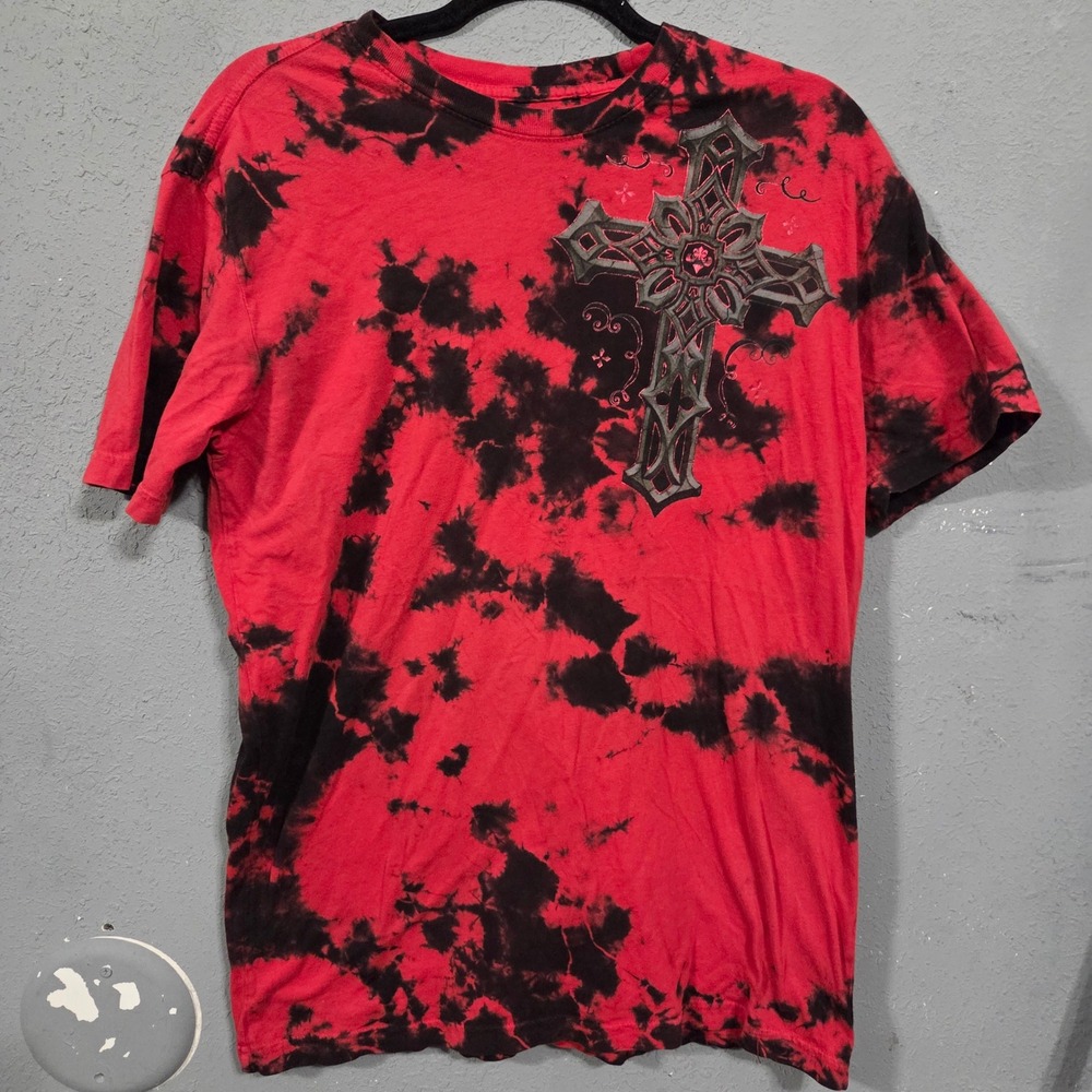 Affliction Live Fast Mens Red Black Tie Dye Gothic Cross Graphic T-Shirt Medium